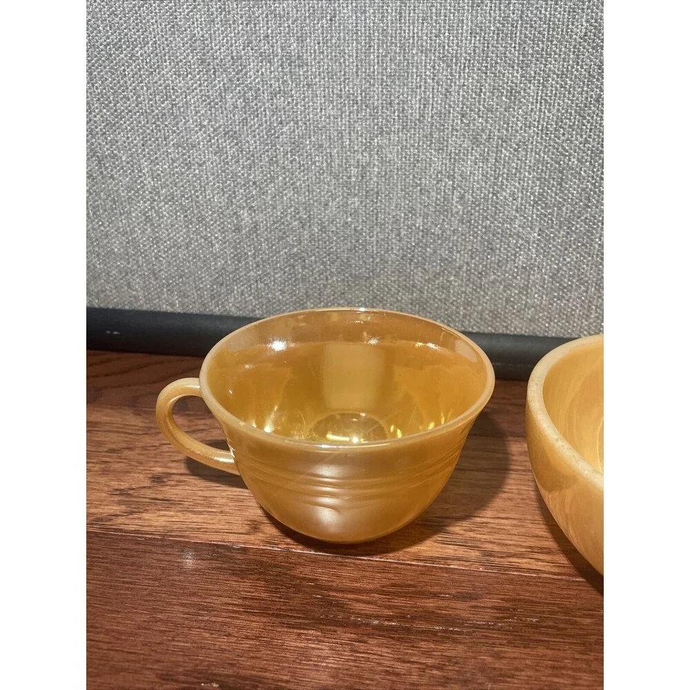Vintage Fire King Anchor Hocking Peach Luster Cup and 5 Inch Bowl